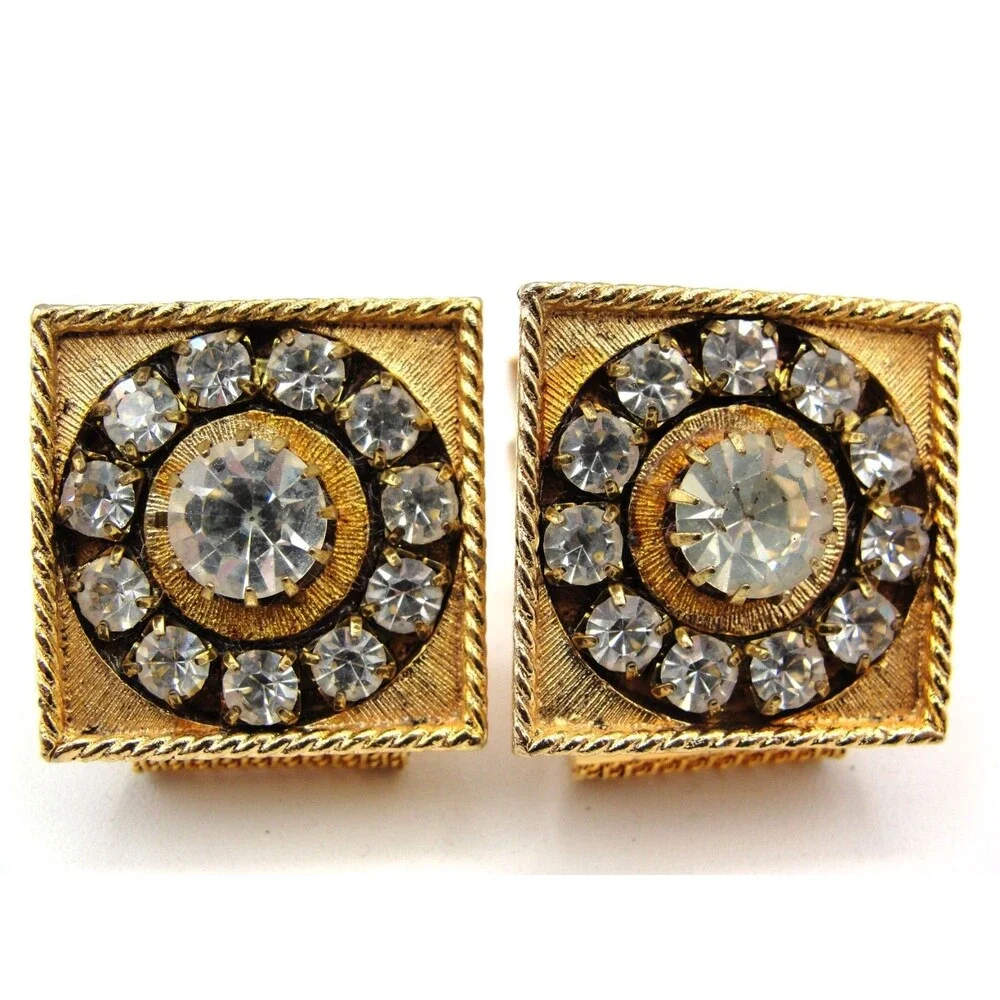 Vintage SWANK Gold Square Rhinestone Mesh Wrap Around Cufflinks Mid Century Glam